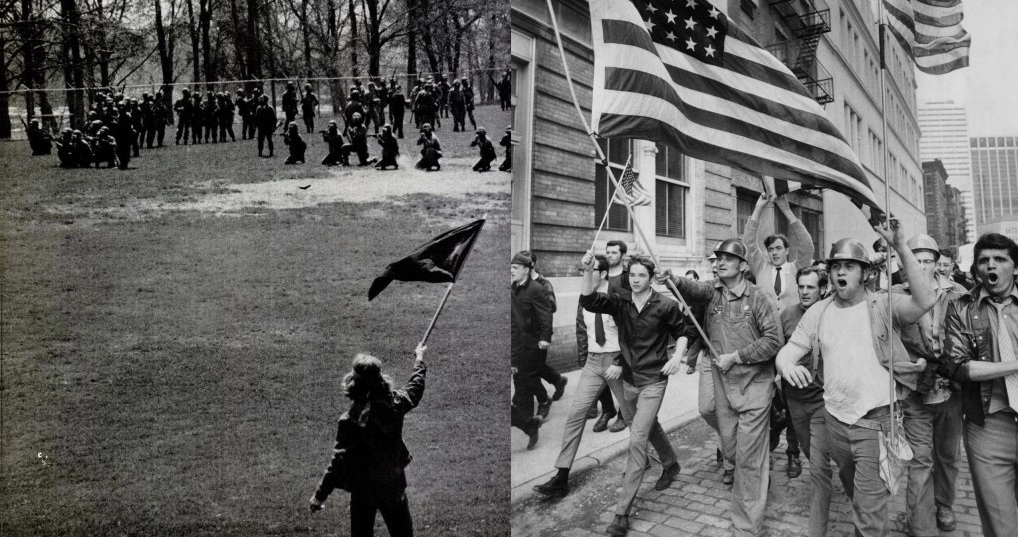 Left, Alan Canfora waving a black flag at the National Guard, who are poised to fire; right, union workers of the 'hard hat' riot.